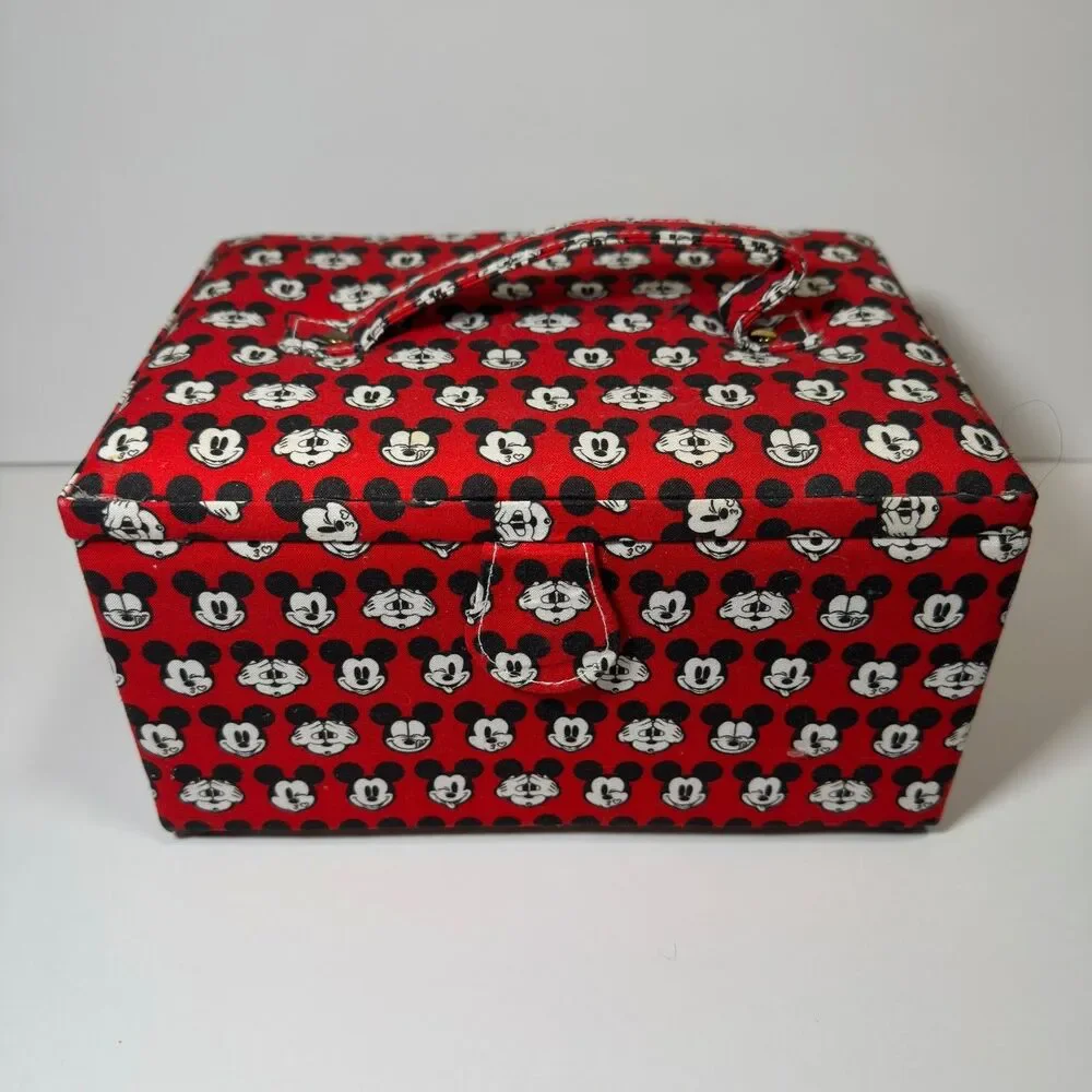 Disney Mickey Mouse Fabric Sewing Basket Box Organizer Handle Red Black Storage